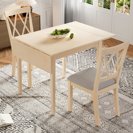 3 Piece Kitchen Dining Set, Dining Table with Drop Leaf and 2 Upholstered Chairs,Natural