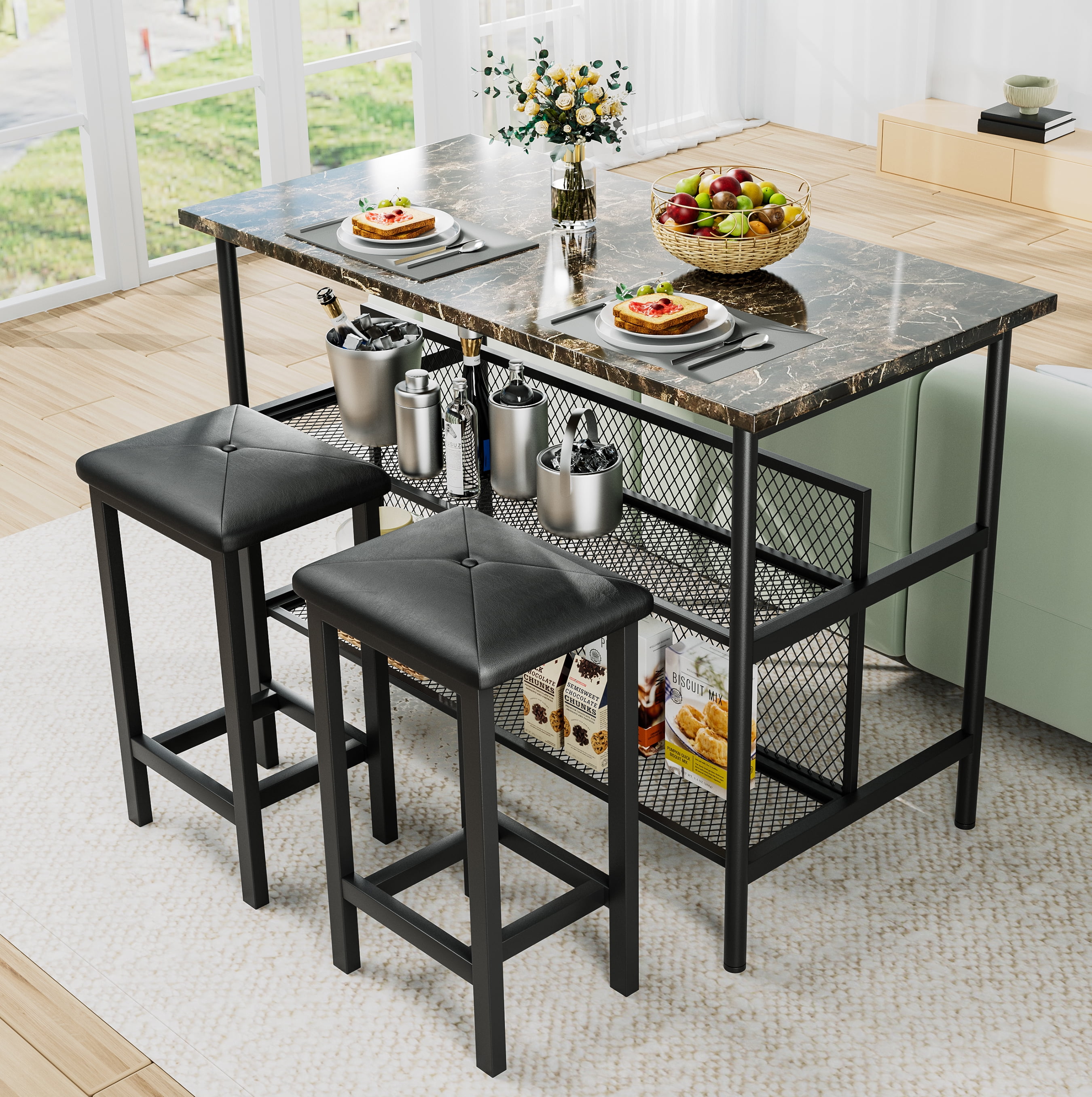 Dining Table Set for 2, Counter Height Bar Table Set with Faux Marble ...