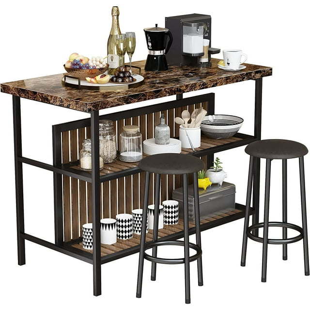 3 Piece Kitchen Island Set, Counter Height Bar Table Set with Faux