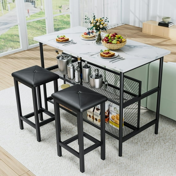 3 Piece Kitchen Island Set, Modern Pub Table with Open Shelves and 2 Stools Set, Modern Bar Table Set for 2, Home Kitchen Breakfast Dining Table Set, for Dining Room, Restaurant, White