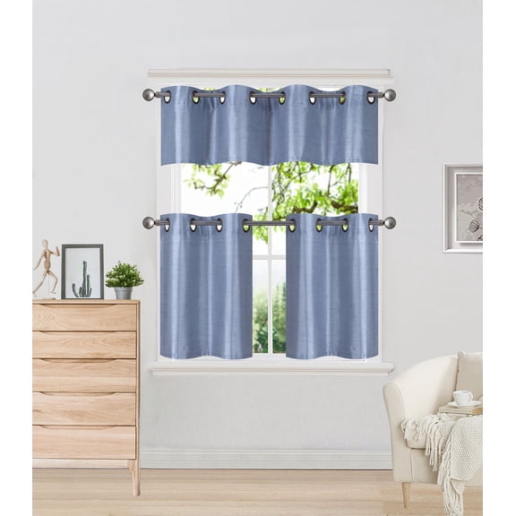 3-Piece Kitchen K9 BLUE LINED DRAPES layered Bronze Grommest Bathroom Curtain Set, Two (2) Tier Panels Solid Color Linen + One (1) Matching Swag Valance Included