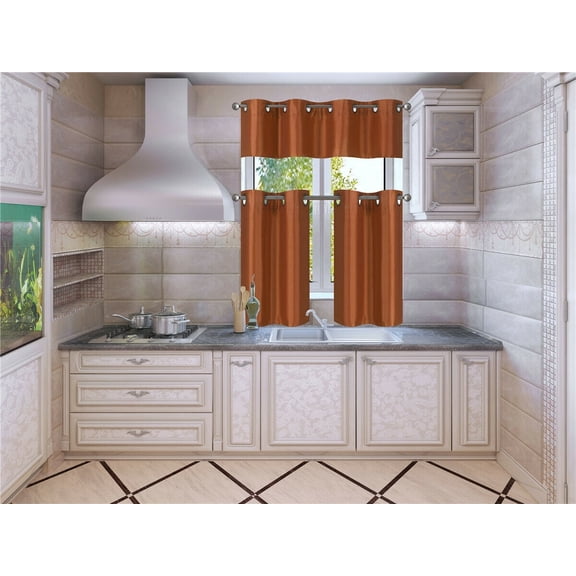 3-Piece Kitchen K9 BRICK LINED DRAPES layered Bronze Grommest Bathroom Curtain Set, Two (2) Tier Panels Solid Color Linen + One (1) Matching Swag Valance Included