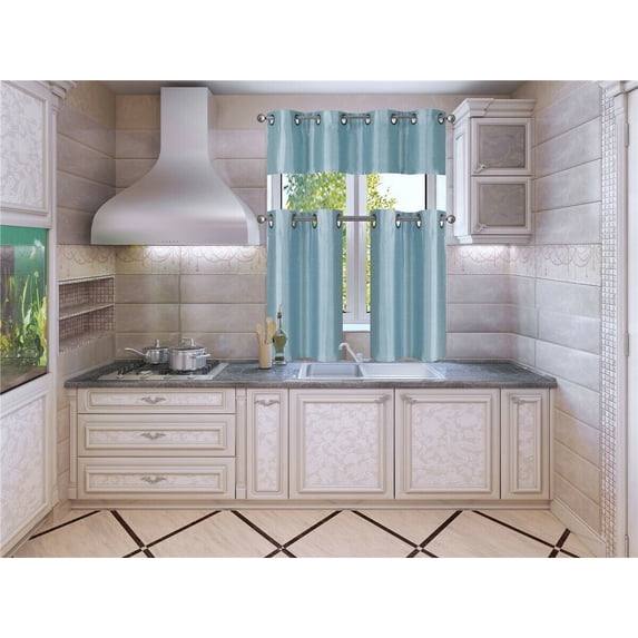 3-Piece Kitchen K9 LIGHT BLUE LINED DRAPES layered Bronze Grommest Bathroom Curtain Set, Two (2) Tier Panels Solid Color Linen + One (1) Matching Swag Valance Included