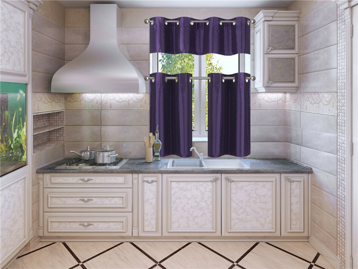 3-Piece Kitchen K9 PURPLE LINED DRAPES layered Bronze Grommest Bathroom Curtain Set, Two (2) Tier Panels Solid Color Linen + One (1) Matching Swag Valance Included