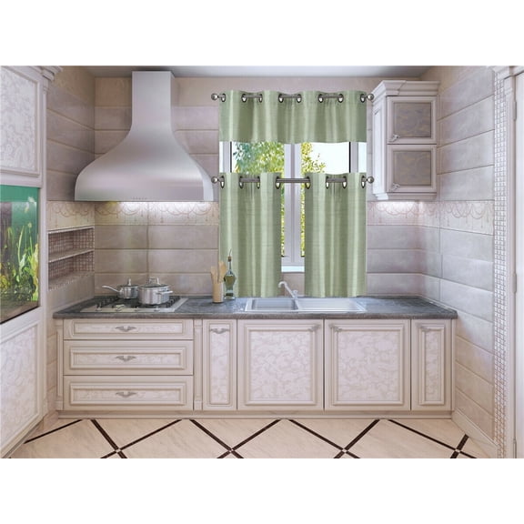 3-Piece Kitchen K9 SAGE GREEN LINED DRAPES layered Bronze Grommest Bathroom Curtain Set, Two (2) Tier Panels Solid Color Linen + One (1) Matching Swag Valance Included