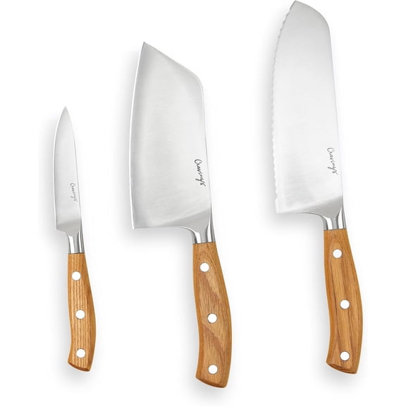 3-Piece Kitchen Knife Set Includes 6-Inch Cleaver, 7-Inch Santoku Knife, and 3.5-Inch Paring Knife Full-Tang Stainless Steel Blades with Triple-Riveted Ashwood Handles
