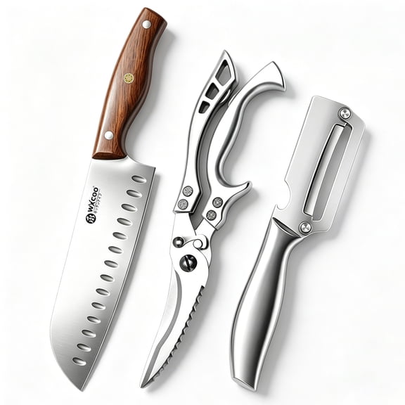 3-Piece Kitchen Knife Set, Santoku Chef Knife, Heavy Duty Poultry Chicken Bone Scissors, Multi-Functional Peeler with Built-In Bottle Opener