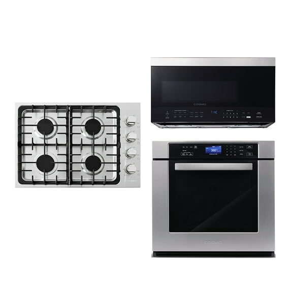 3 Piece Kitchen Package With 30" Gas Cooktop 30" Over The Range Microwave 30" Single Electric Wall Oven