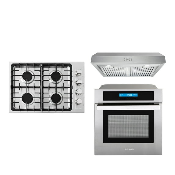 3 Piece Kitchen Package With 30" Gas Cooktop 30" Under Cabinet Range Hood 24" Single Electric Wall Oven