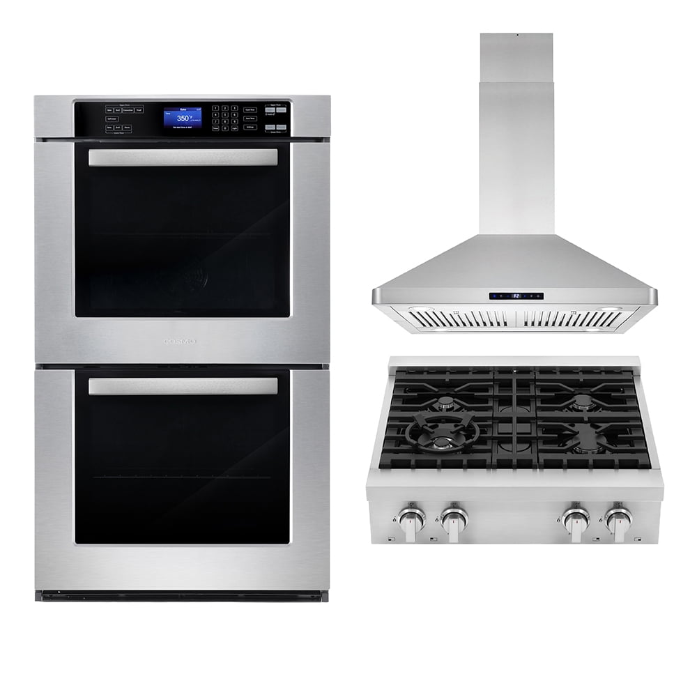 3 Piece Kitchen Package With 30" Slide-In Gas Cooktop 30" Island Range Hood 30" Double Electric Wall Oven
