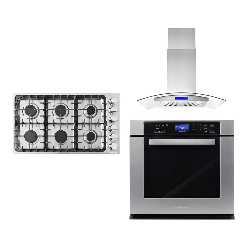 3 Piece Kitchen Package With 36" Gas Cooktop 36" Island Range Hood 30" Single Electric Wall Oven