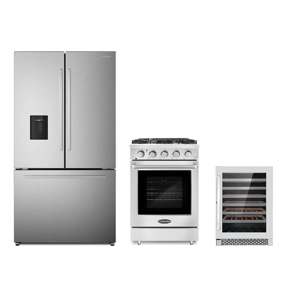 3 Piece Kitchen Package with 24" Freestanding Gas Range 48 Bottle Wine Refrigerator & French Door Refrigerator