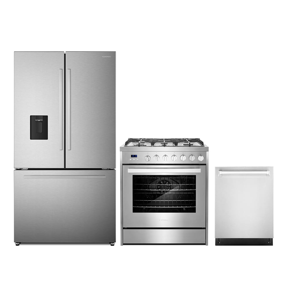 3 Piece Kitchen Package with 30" Freestanding Gas Range 24" Built-in Fully Integrated Dishwasher 36" French Door Refrigerator