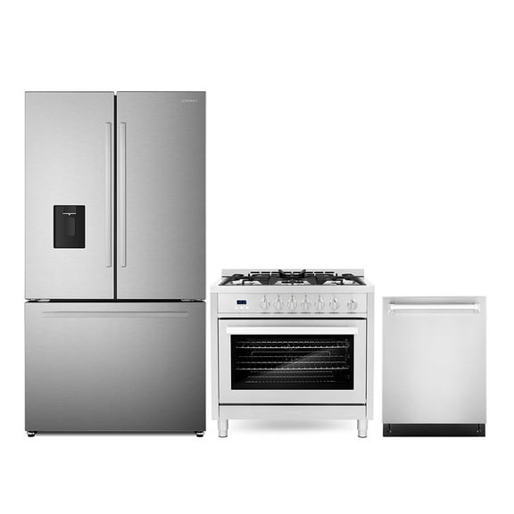 3 Piece Kitchen Package with 30" Freestanding Gas Range 24" Built-in Fully Integrated Dishwasher & French Door Refrigerator