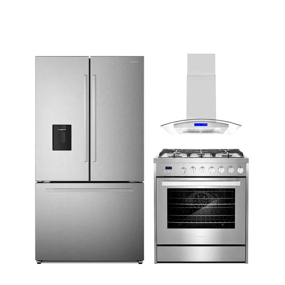 3 Piece Kitchen Package with 30" Freestanding Gas Range 30" Island Range Hood 36" French Door Refrigerator