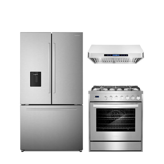 3 Piece Kitchen Package with 30" Freestanding Gas Range 30" Under Cabinet Range Hood 36" French Door Refrigerator