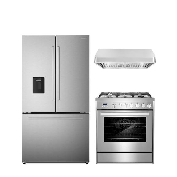 3 Piece Kitchen Package with 30" Freestanding Gas Range 30" Under Cabinet Range Hood 36" French Door Refrigerator