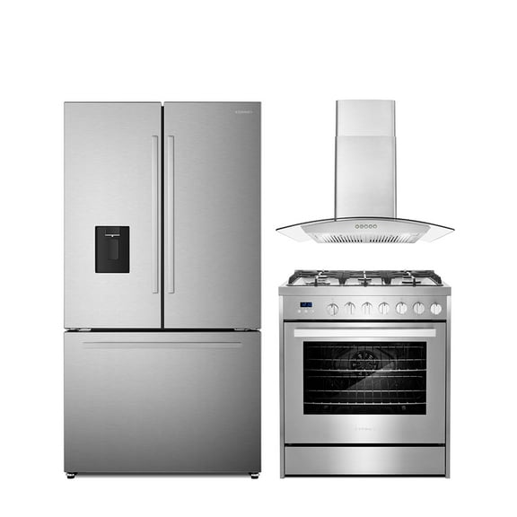 3 Piece Kitchen Package with 30" Freestanding Gas Range 48 Bottle Wine Refrigerator 36" French Door Refrigerator