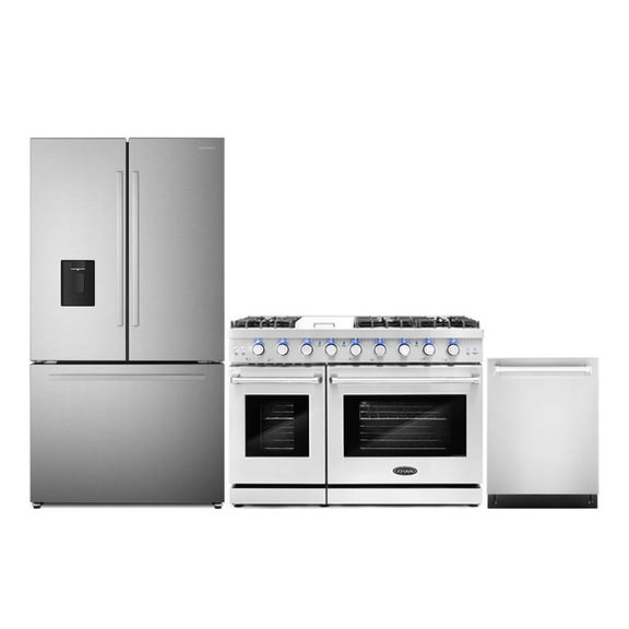 3 Piece Kitchen Package with 48" Freestanding Dual Fuel Range 24" Built-in Fully Integrated Dishwasher & French Door Refrigerator