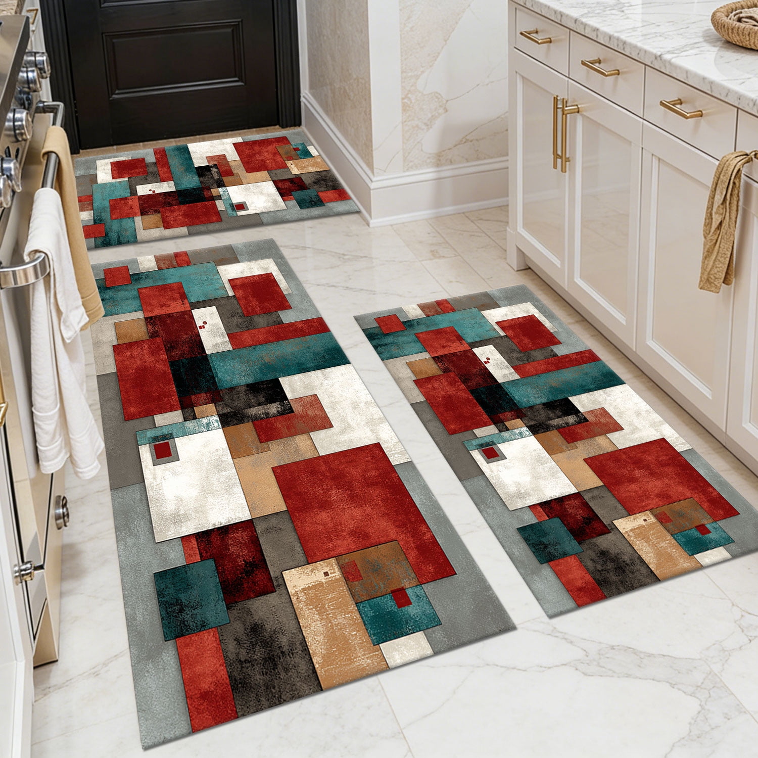 3 Piece Kitchen Rug Set, Abstract Pattern Kitchen Hallway Rug, Soft And Comfortable, Suitable For Sinks, Floors, Entrances, Hallways And Bathrooms