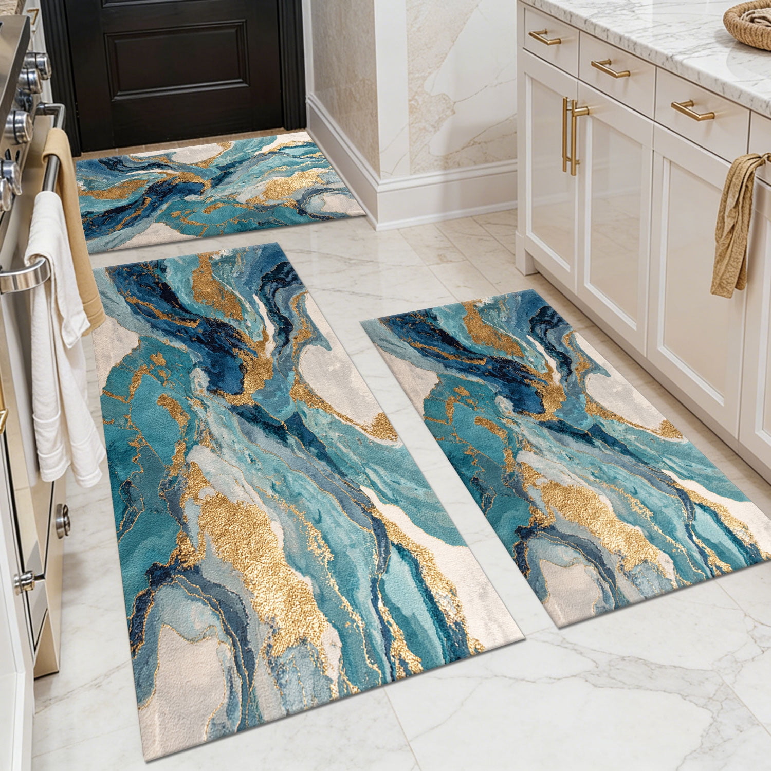 3 Piece Kitchen Rug Set, Abstract Pattern Kitchen Hallway Rug, Soft And Comfortable, Suitable For Sinks, Floors, Entrances, Hallways And Bathrooms