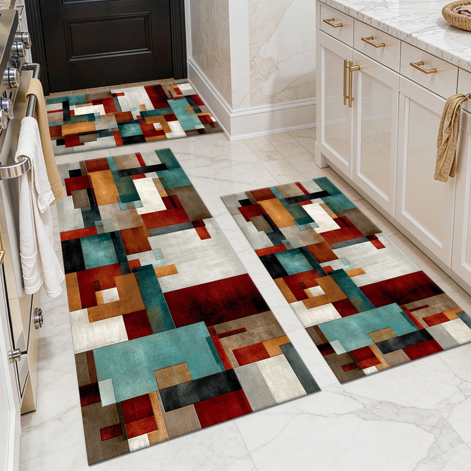 3 Piece Kitchen Rug Set, Abstract Pattern Kitchen Hallway Rug, Soft And Comfortable, Suitable For Sinks, Floors, Entrances, Hallways And Bathrooms