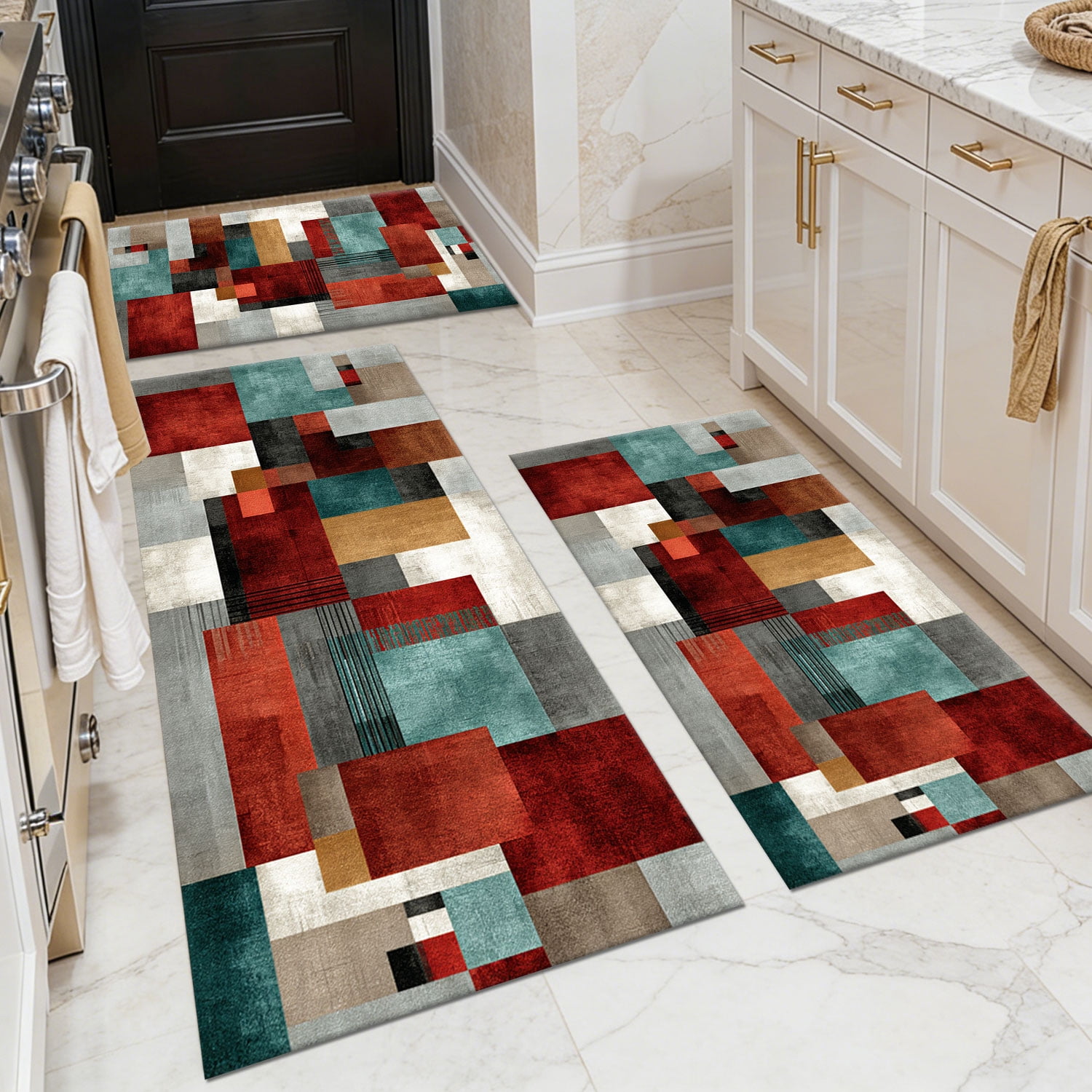 3 Piece Kitchen Rug Set, Abstract Pattern Kitchen Hallway Rug, Soft And Comfortable, Suitable For Sinks, Floors, Entrances, Hallways And Bathrooms