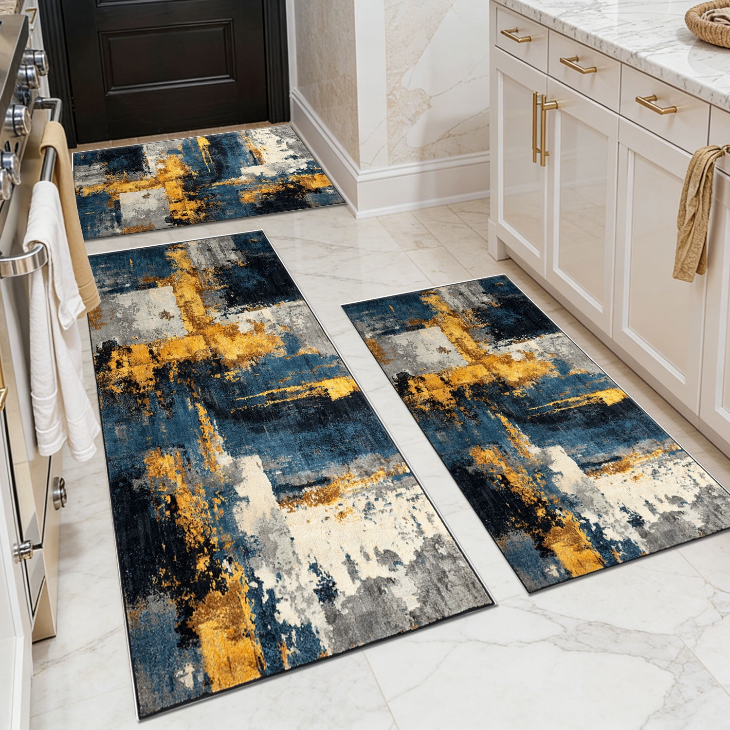 3 Piece Kitchen Rug Set, Abstract Pattern Kitchen Hallway Rug, Soft And Comfortable, Suitable For Sinks, Floors, Entrances, Hallways And Bathrooms