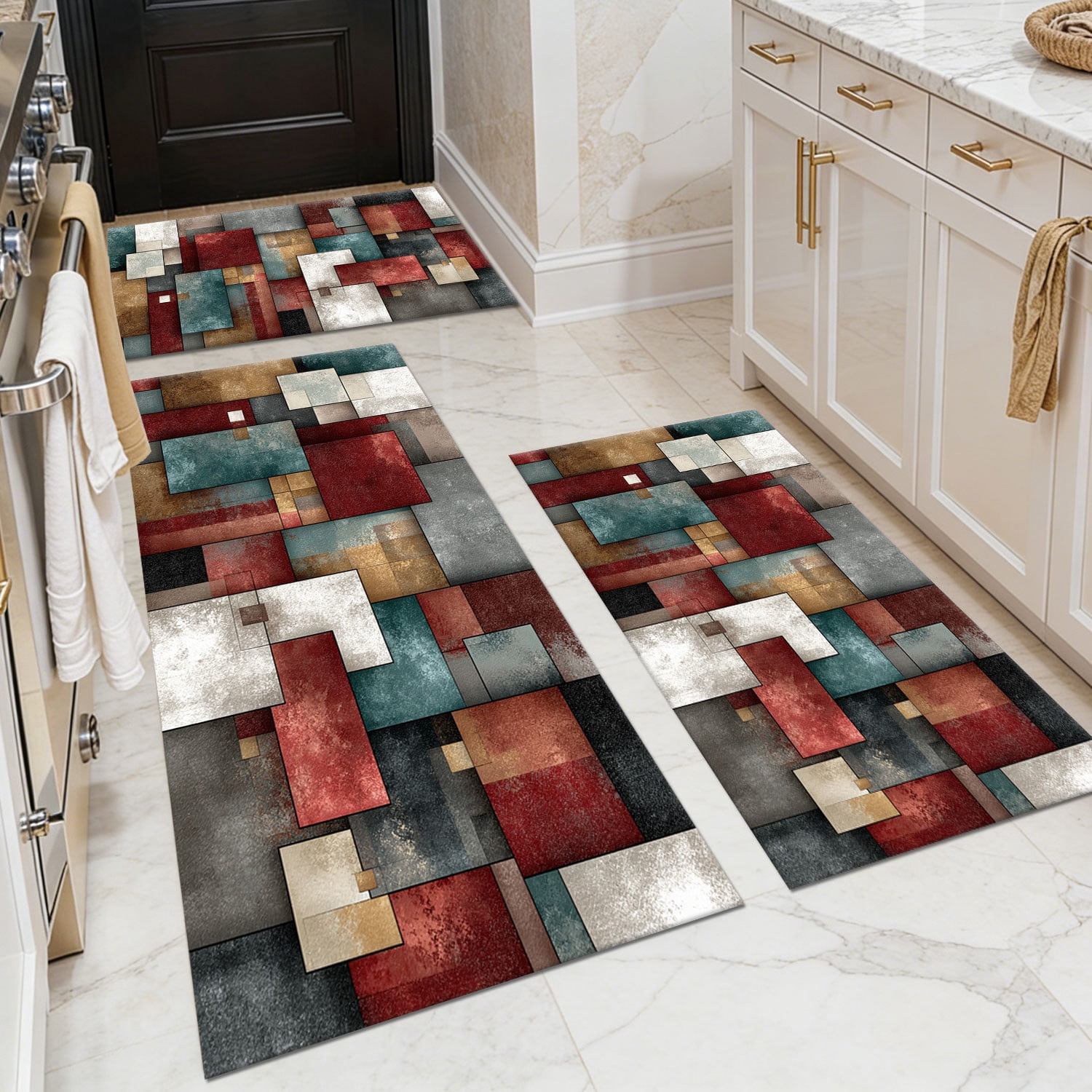 3 Piece Kitchen Rug Set, Abstract Pattern Kitchen Hallway Rug, Soft And Comfortable, Suitable For Sinks, Floors, Entrances, Hallways And Bathrooms