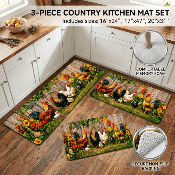 3 Piece Kitchen Rug Set, Anti Fatigue Kitchen Mats for Floor, Non Slip Washable Kitchen Rugs and Mats, Vintage Farmhouse Rooster Country Chicken Design