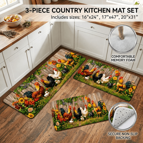 3 Piece Kitchen Rug Set, Anti Fatigue Kitchen Mats for Floor, Non Slip Washable Kitchen Rugs and Mats, Vintage Farmhouse Rooster Country Chicken Design
