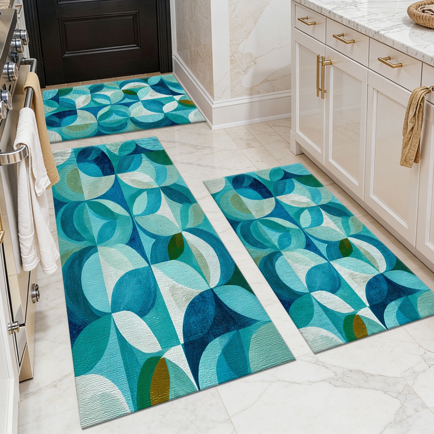 3 Piece Kitchen Rug Set, Non-Slip And Washable, Abstract Pattern Kitchen Hallway Rug, Soft And Comfortable, Suitable For Sinks, Floors, Entrances, Hallways and Bathrooms