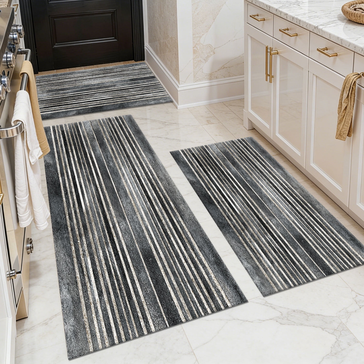 3 Piece Kitchen Rug Set, Non-Slip And Washable, Abstract Pattern Kitchen Hallway Rug, Soft And Comfortable, Suitable For Sinks, Floors, Entrances, Hallways and Bathrooms