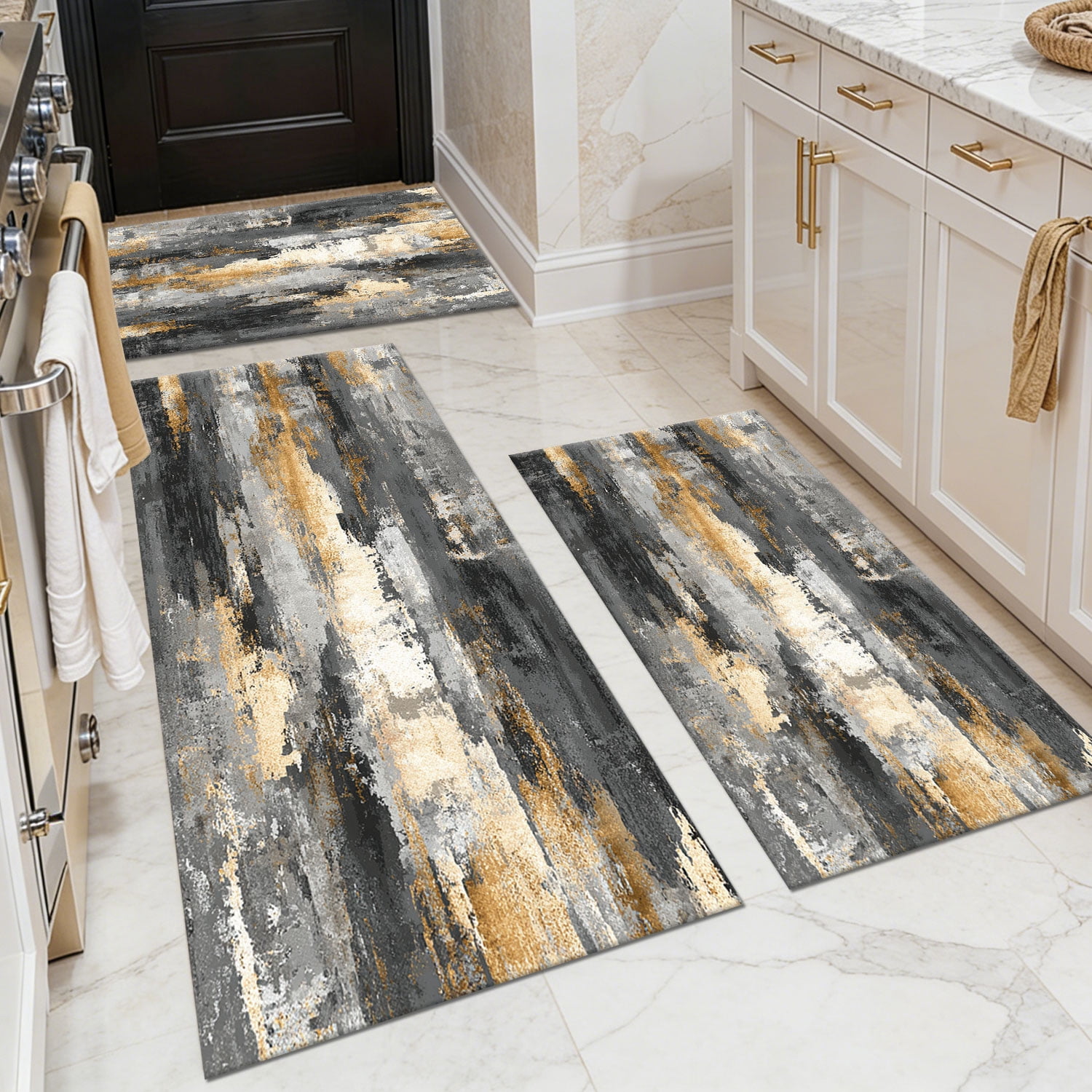 3 Piece Kitchen Rug Set, Non-Slip And Washable, Abstract Pattern Kitchen Hallway Rug, Soft And Comfortable, Suitable For Sinks, Floors, Entrances, Hallways and Bathrooms