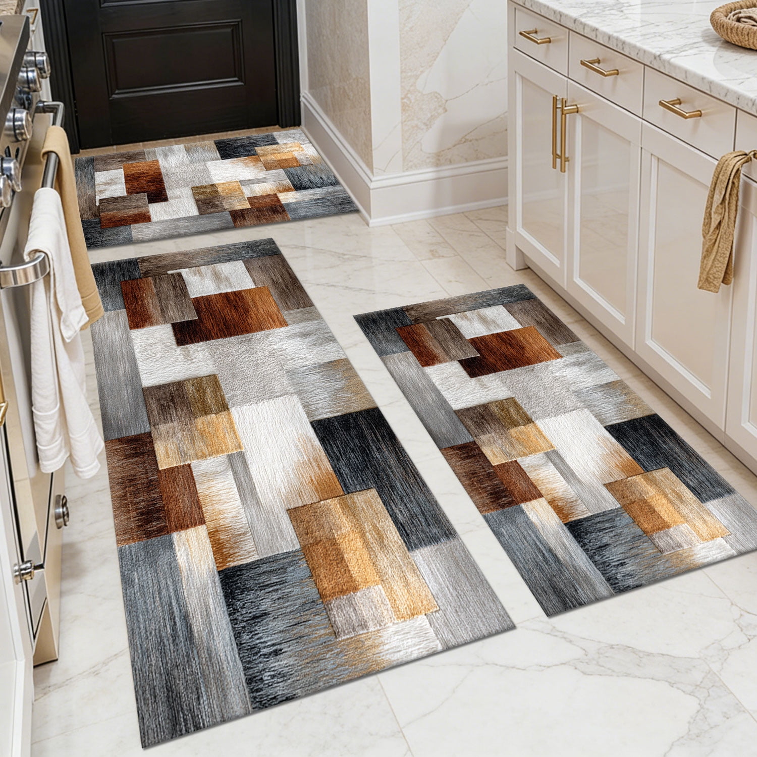 3 Piece Kitchen Rug Set, Non-Slip And Washable, Abstract Pattern Kitchen Hallway Rug, Soft And Comfortable, Suitable For Sinks, Floors, Entrances, Hallways and Bathrooms