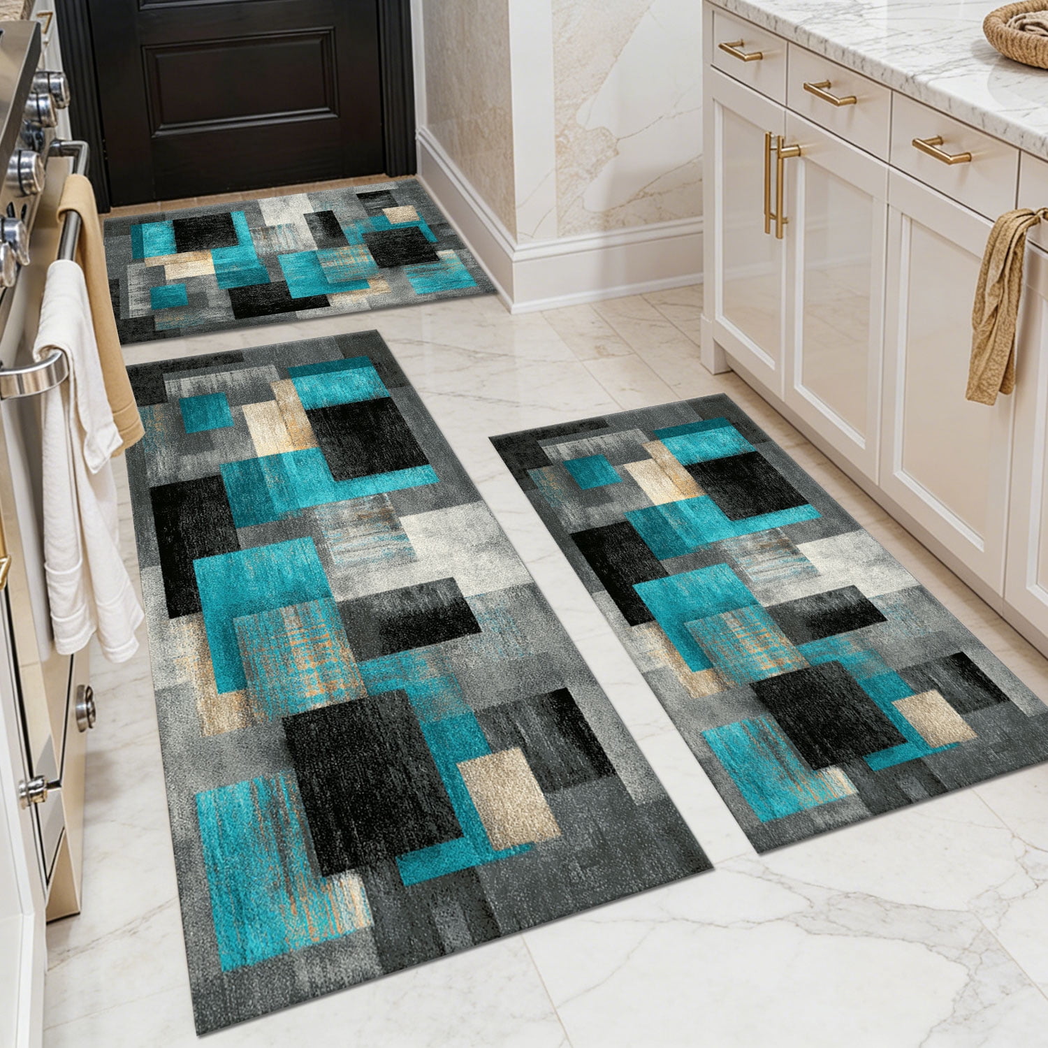3 Piece Kitchen Rug Set, Non-Slip And Washable, Abstract Pattern Kitchen Hallway Rug, Soft And Comfortable, Suitable For Sinks, Floors, Entrances, Hallways and Bathrooms