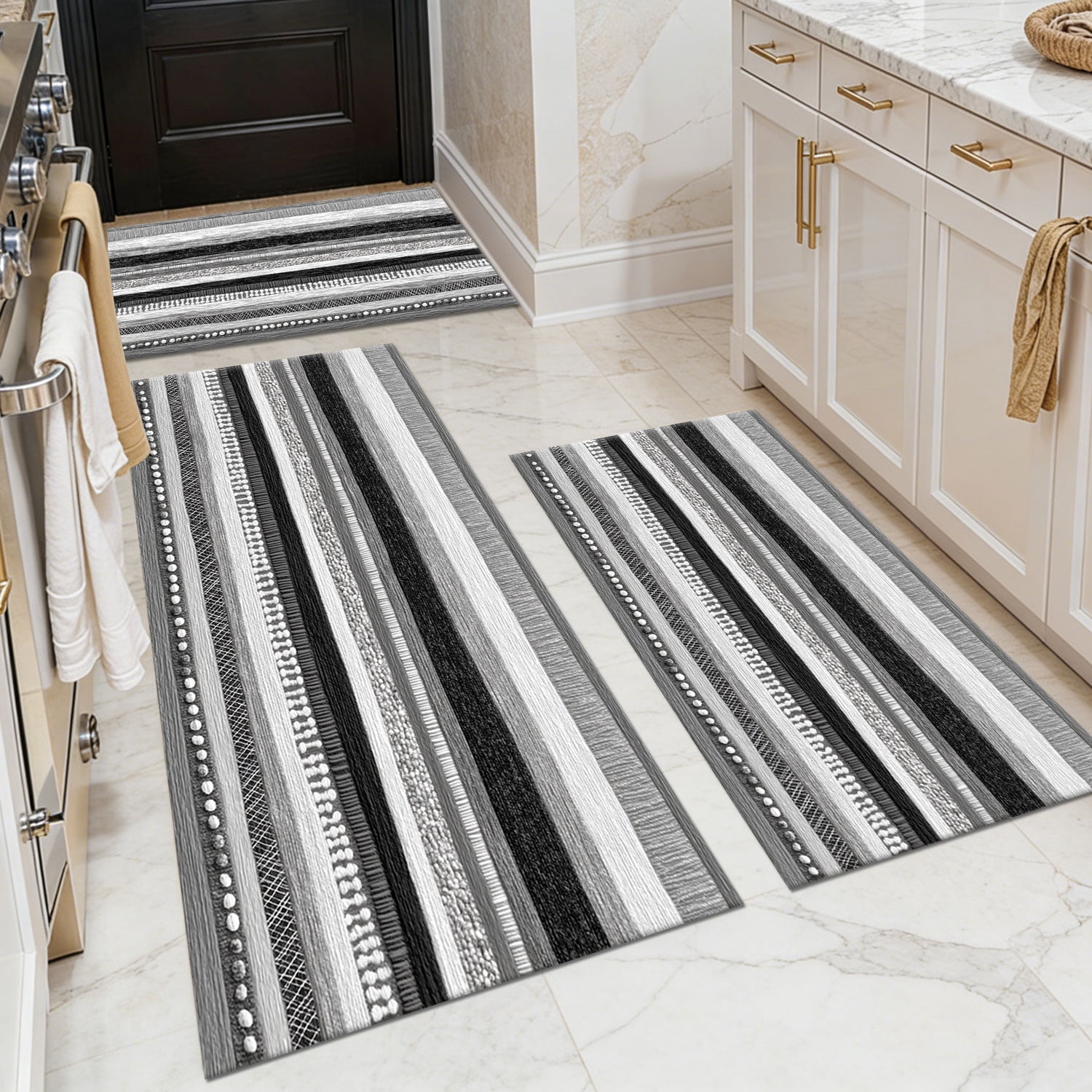 3 Piece Kitchen Rug Set, Non-Slip And Washable, Abstract Pattern Kitchen Hallway Rug, Soft And Comfortable, Suitable For Sinks, Floors, Entrances, Hallways and Bathrooms