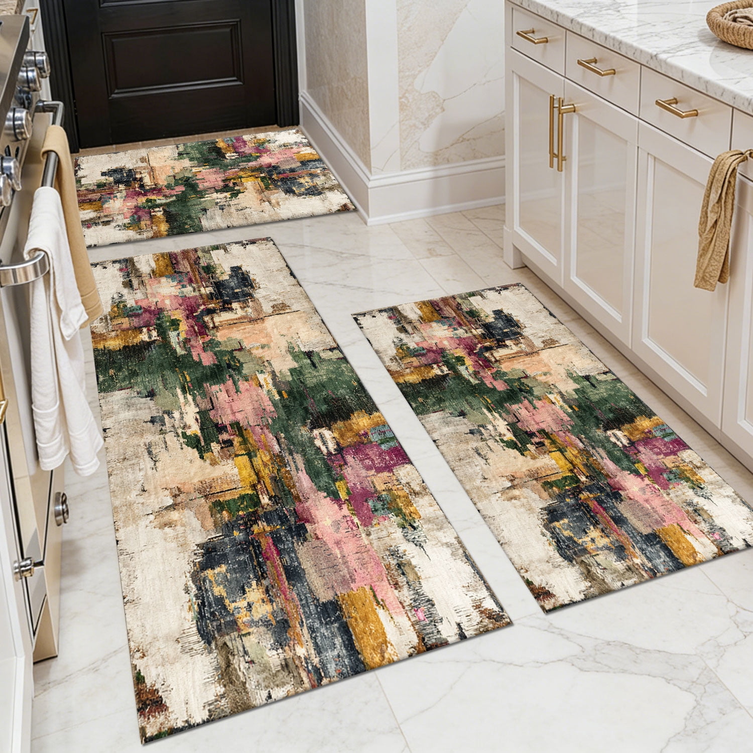 3 Piece Kitchen Rug Set, Non-Slip And Washable, Abstract Pattern Kitchen Hallway Rug, Soft And Comfortable, Suitable For Sinks, Floors, Entrances, Hallways and Bathrooms