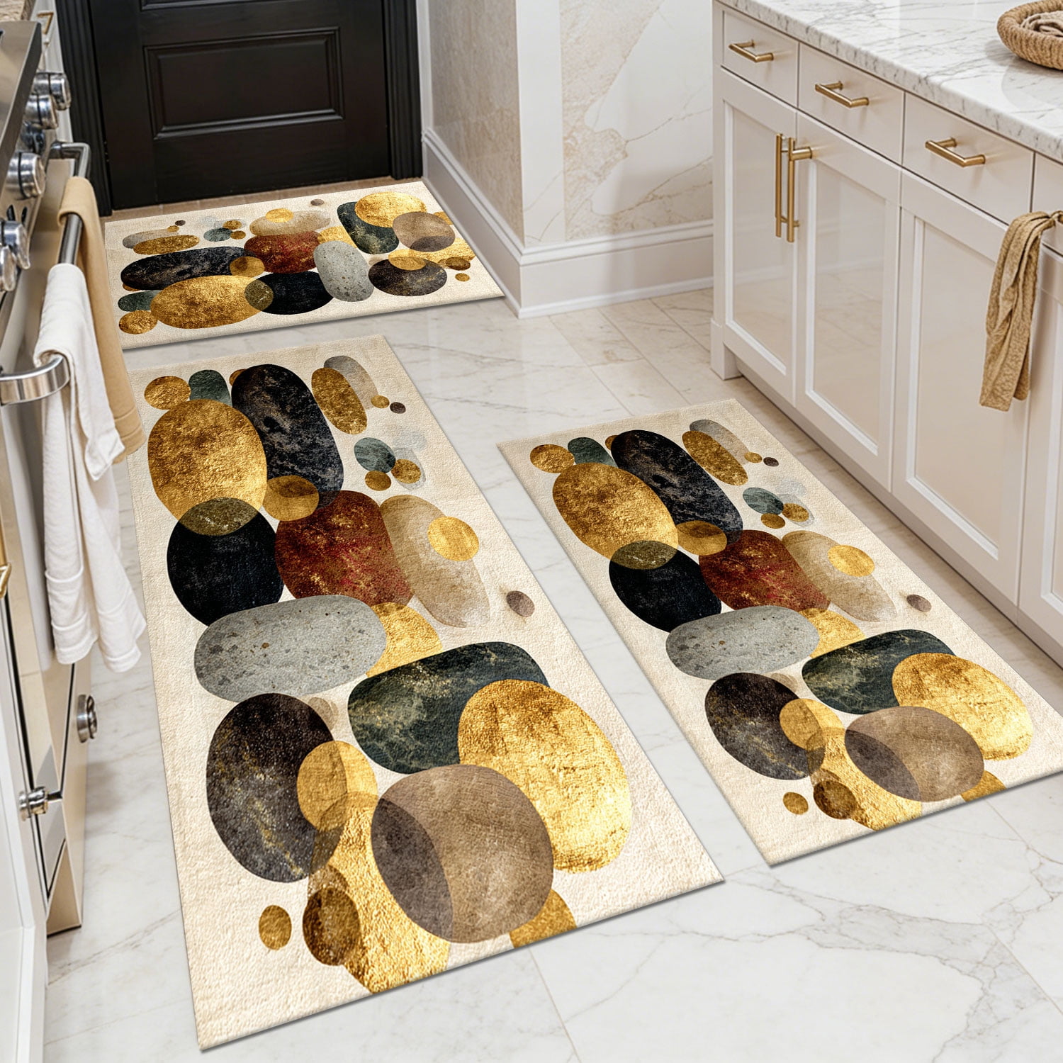 3 Piece Kitchen Rug Set, Non-Slip And Washable, Abstract Pattern Kitchen Hallway Rug, Soft And Comfortable, Suitable For Sinks, Floors, Entrances, Hallways and Bathrooms