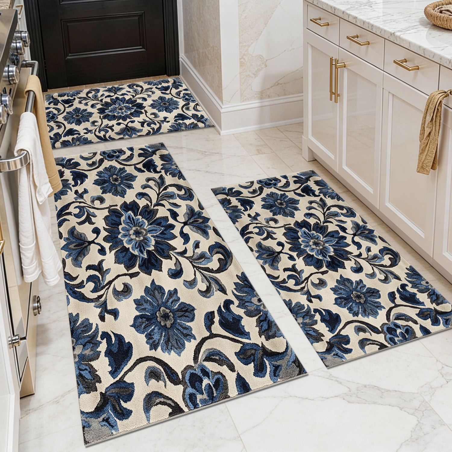 3 Piece Kitchen Rug Set, Non-Slip And Washable, Abstract Pattern Kitchen Hallway Rug, Soft And Comfortable, Suitable For Sinks, Floors, Entrances, Hallways and Bathrooms