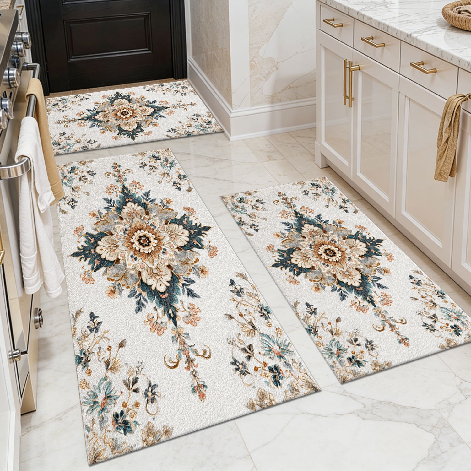 3 Piece Kitchen Rug Set, Non-Slip And Washable, Abstract Pattern Kitchen Hallway Rug, Soft And Comfortable, Suitable For Sinks, Floors, Entrances, Hallways and Bathrooms
