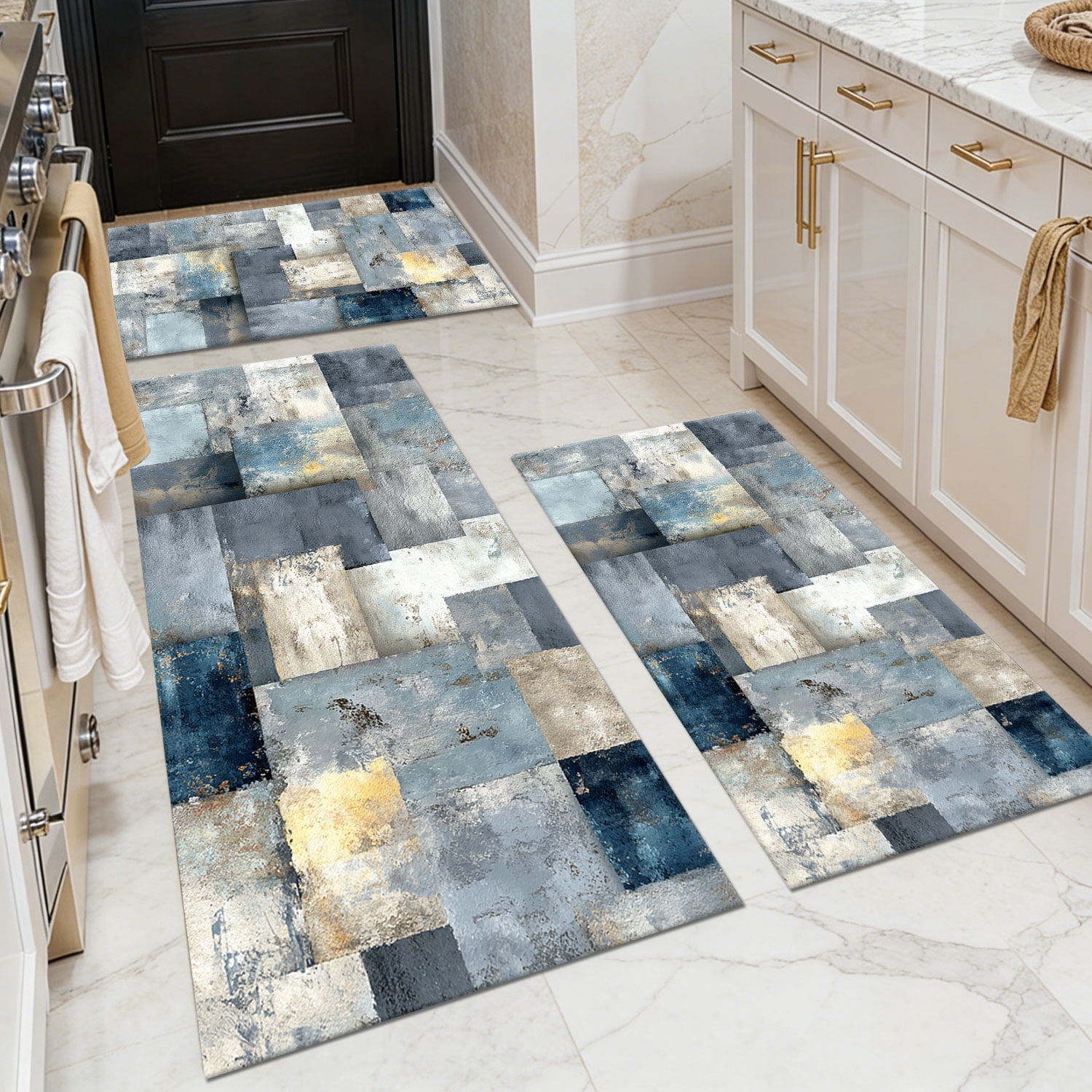 3 Piece Kitchen Rug Set, Non-Slip And Washable, Abstract Pattern Kitchen Hallway Rug, Soft And Comfortable, Suitable For Sinks, Floors, Entrances, Hallways and Bathrooms