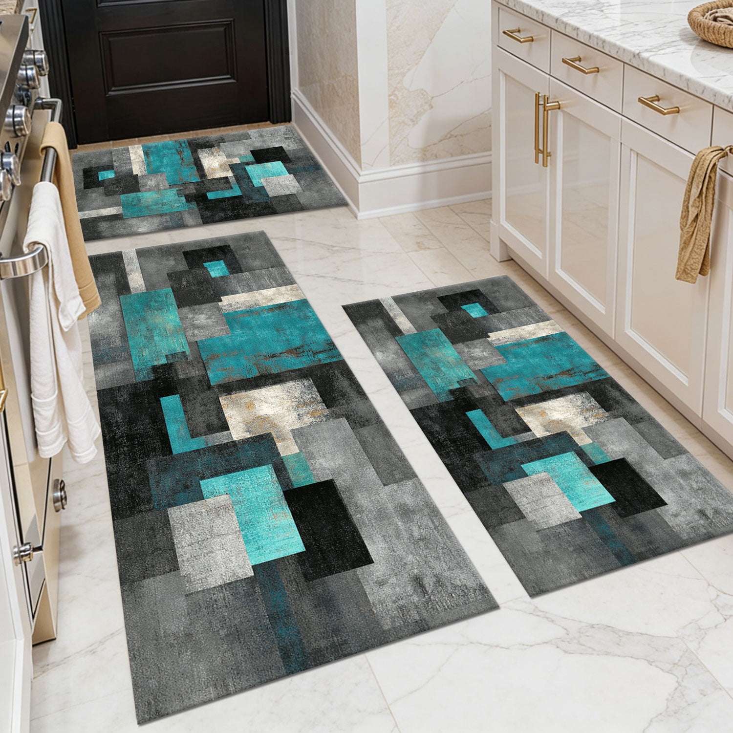 3 Piece Kitchen Rug Set, Non-Slip And Washable, Abstract Pattern Kitchen Hallway Rug, Soft And Comfortable, Suitable For Sinks, Floors, Entrances, Hallways and Bathrooms