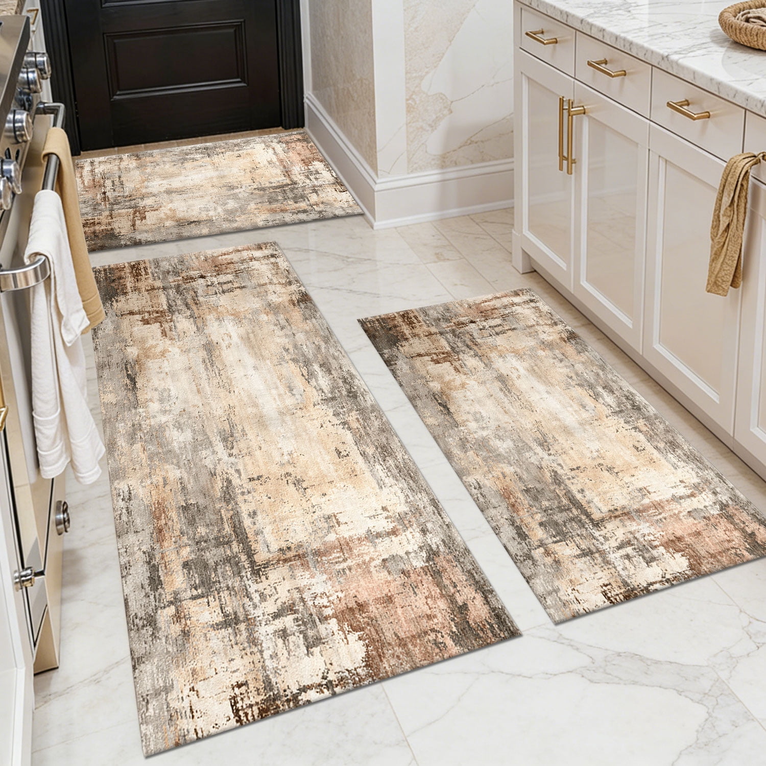 3 Piece Kitchen Rug Set, Non-Slip And Washable, Abstract Pattern Kitchen Hallway Rug, Soft And Comfortable, Suitable For Sinks, Floors, Entrances, Hallways and Bathrooms