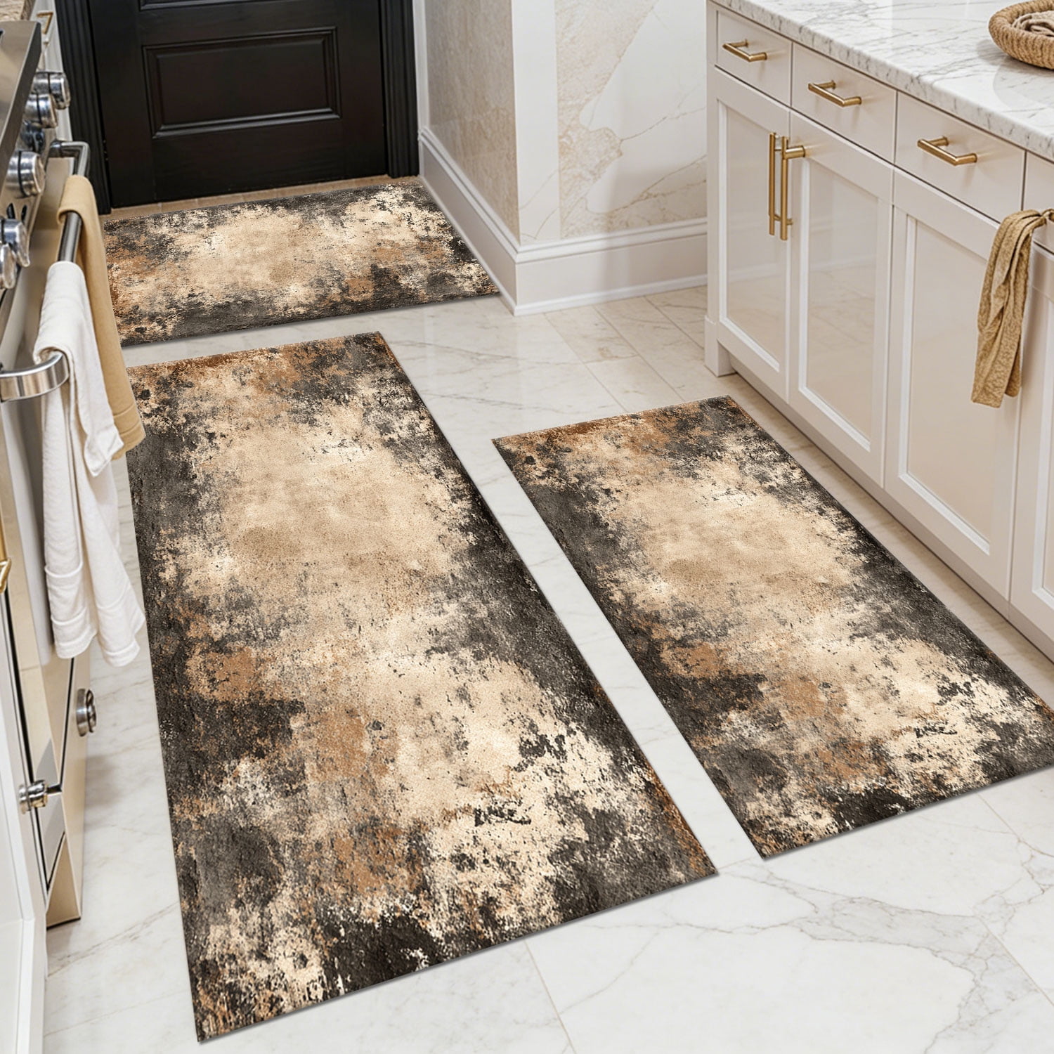 3 Piece Kitchen Rug Set, Non-Slip And Washable, Abstract Pattern Kitchen Hallway Rug, Soft And Comfortable, Suitable For Sinks, Floors, Entrances, Hallways and Bathrooms