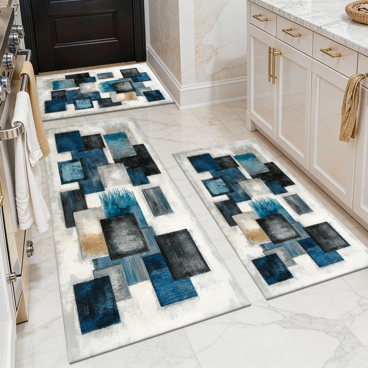 3 Piece Kitchen Rug Set, Non-Slip And Washable, Abstract Pattern Kitchen Hallway Rug, Soft And Comfortable, Suitable For Sinks, Floors, Entrances, Hallways and Bathrooms