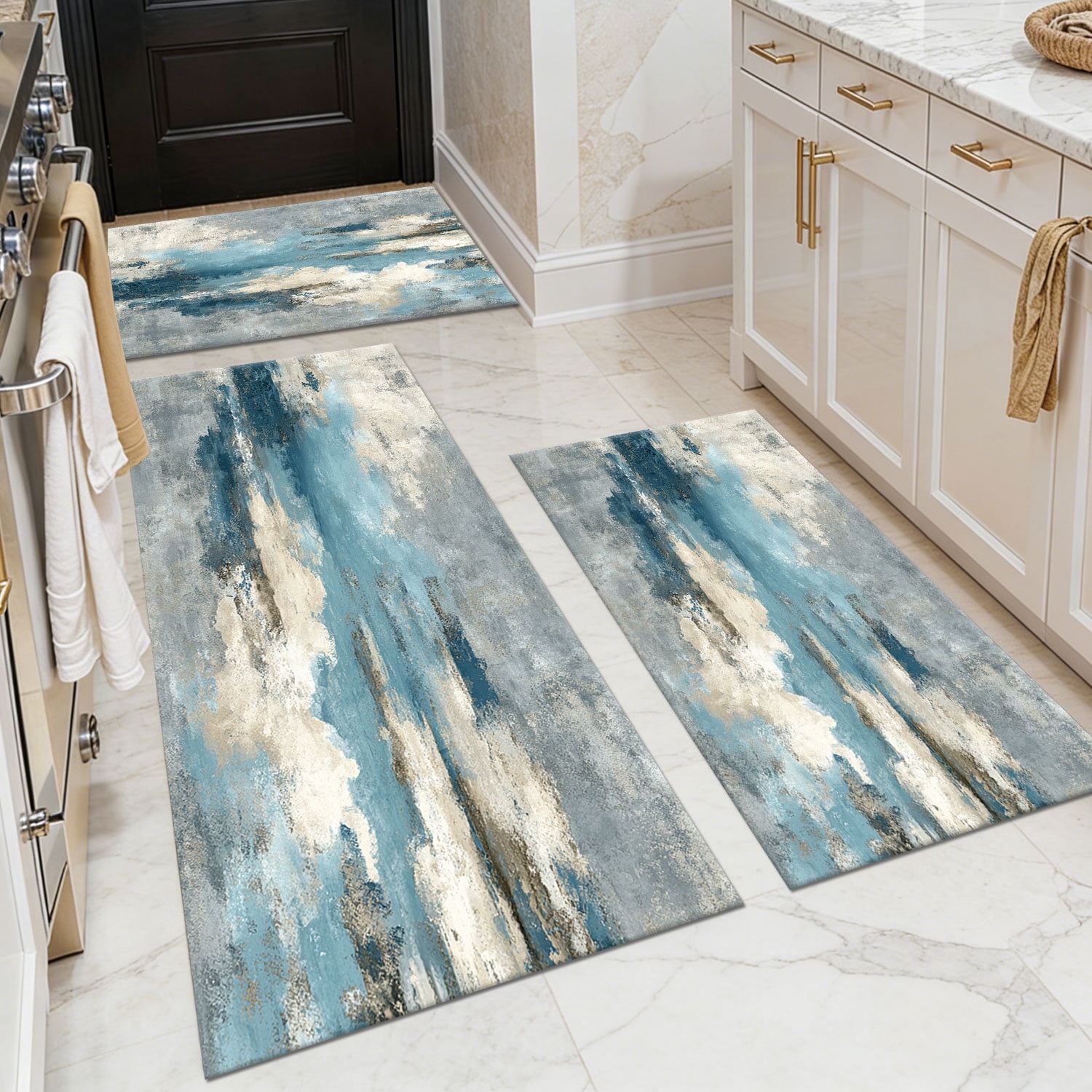 3 Piece Kitchen Rug Set, Non-Slip And Washable, Abstract Pattern Kitchen Hallway Rug, Soft And Comfortable, Suitable For Sinks, Floors, Entrances, Hallways and Bathrooms