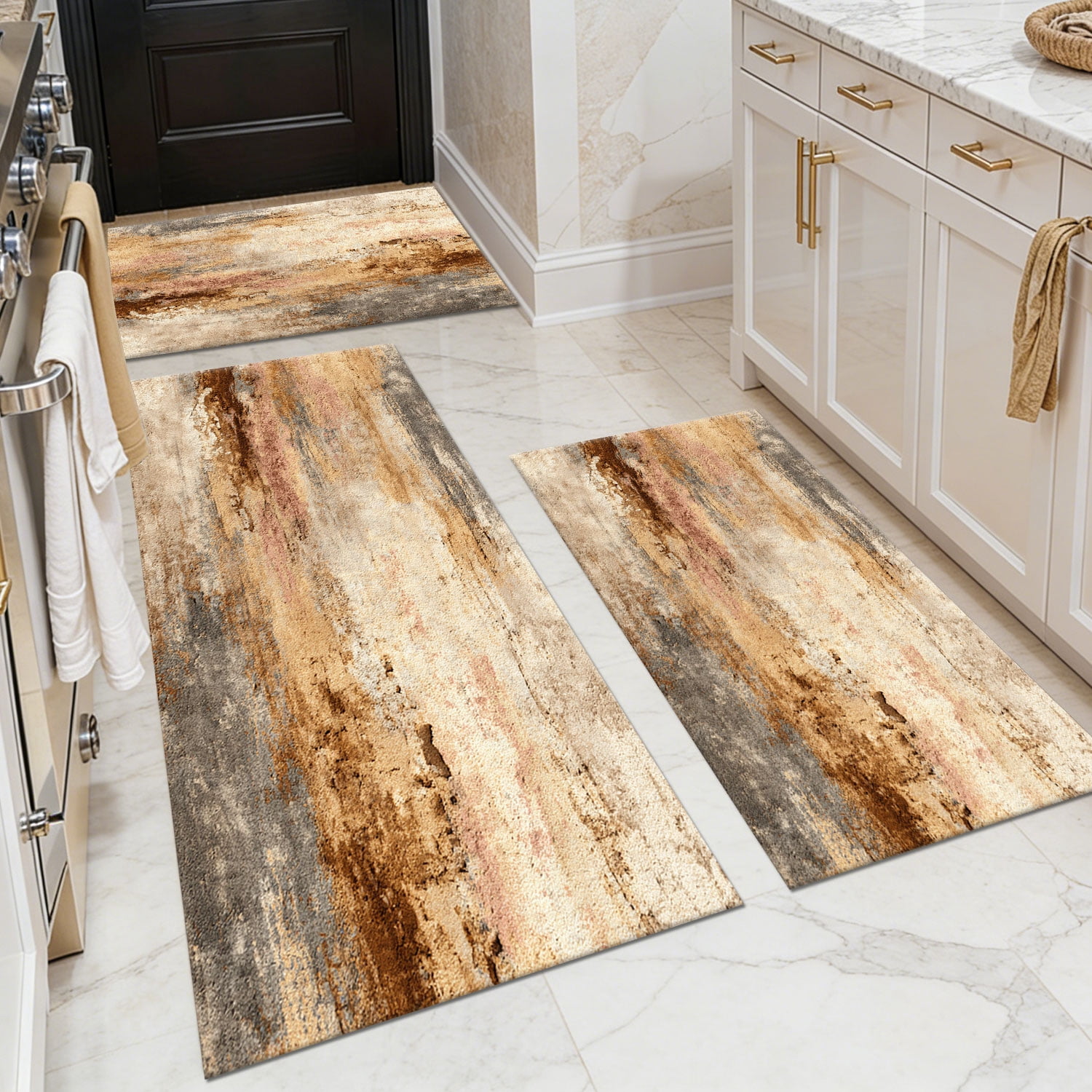 3 Piece Kitchen Rug Set, Non-Slip And Washable, Abstract Pattern Kitchen Hallway Rug, Soft And Comfortable, Suitable For Sinks, Floors, Entrances, Hallways and Bathrooms
