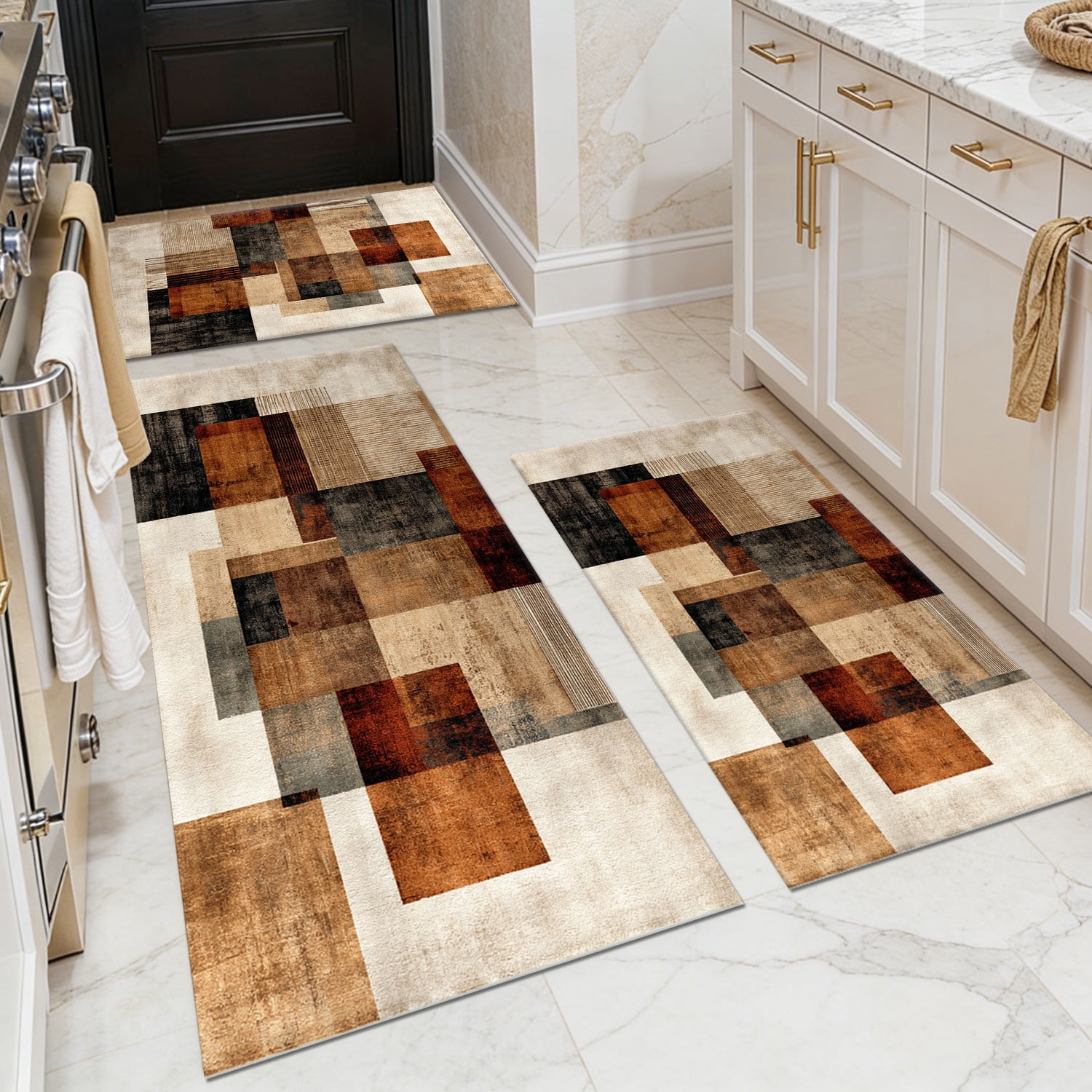 3 Piece Kitchen Rug Set, Non-Slip And Washable, Abstract Pattern Kitchen Hallway Rug, Soft And Comfortable, Suitable For Sinks, Floors, Entrances, Hallways and Bathrooms