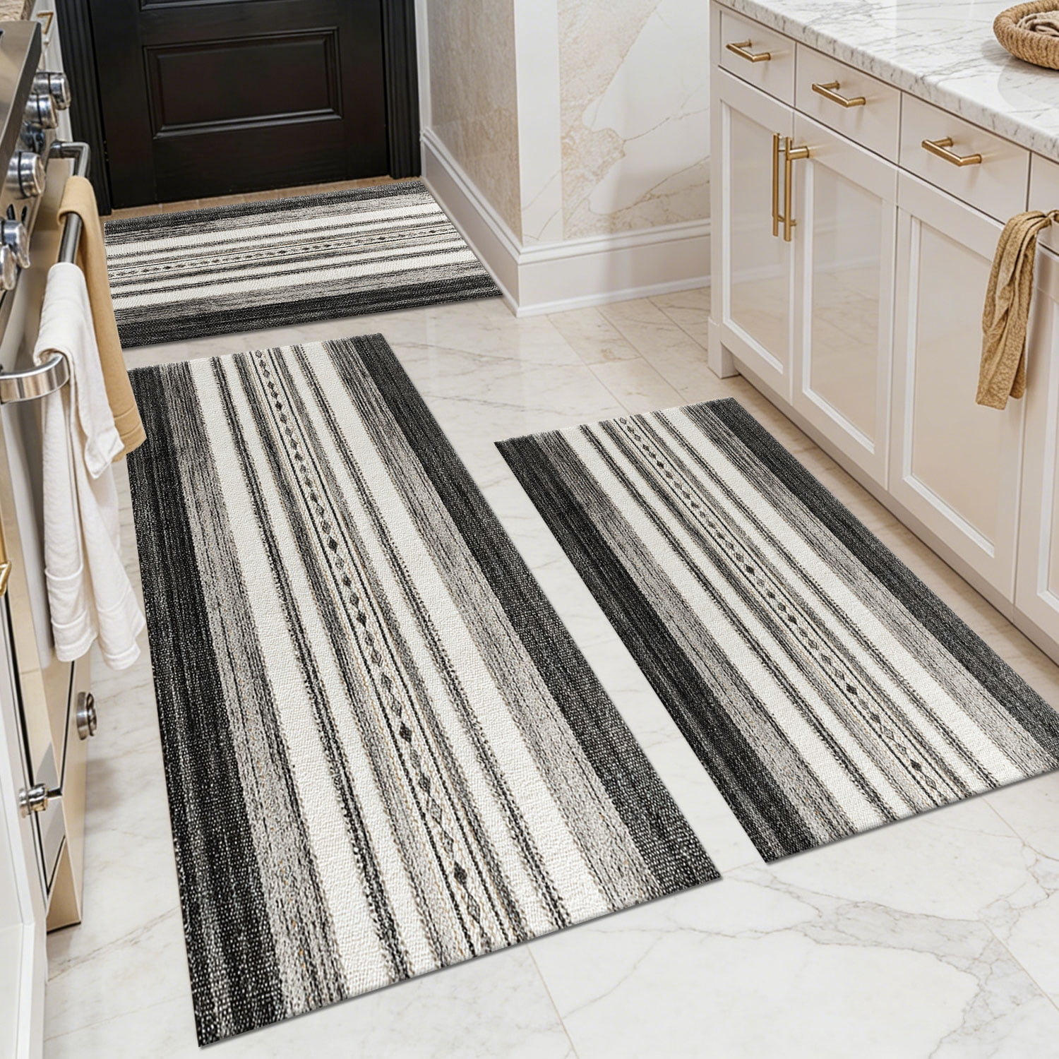 3 Piece Kitchen Rug Set, Non-Slip And Washable, Abstract Pattern Kitchen Hallway Rug, Soft And Comfortable, Suitable For Sinks, Floors, Entrances, Hallways and Bathrooms